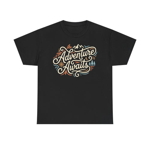 Adventure Awaits T-Shirt — Retro Mountain Hiking Tee