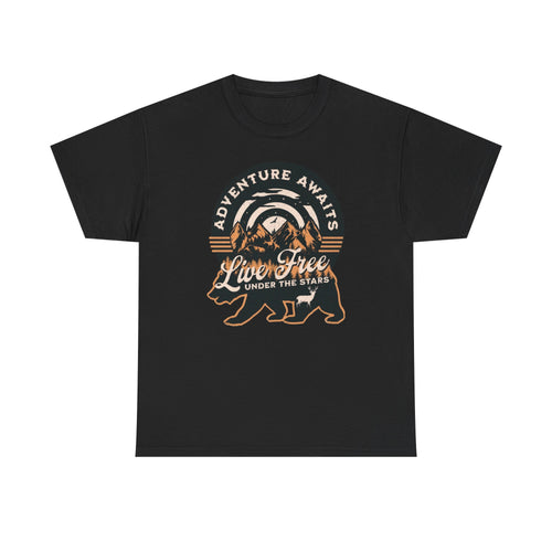Adventure Awaits Bear T-Shirt — "Live Free Under the Stars" Outdoor Camping Tee