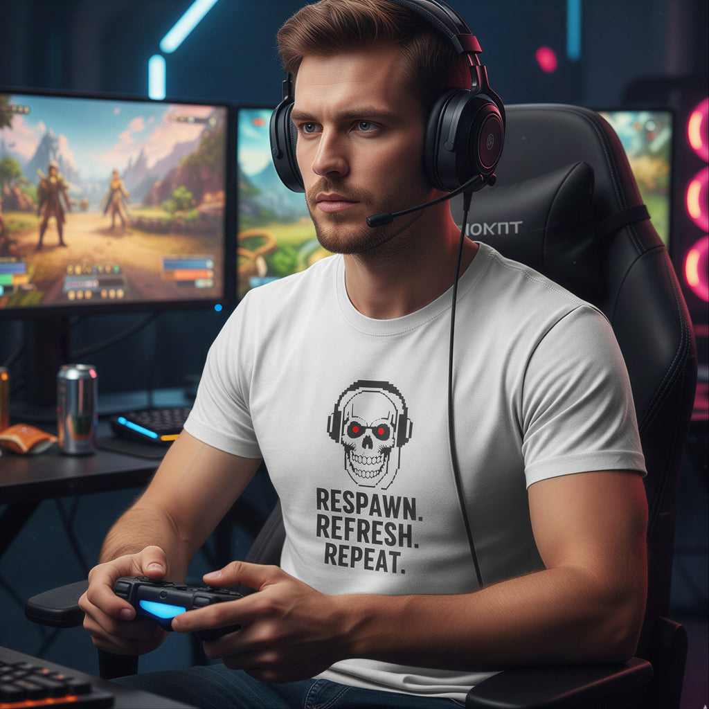 Gaming Skull T-Shirt — "Respawn. Refresh. Repeat." Graphic Tee for Gamers