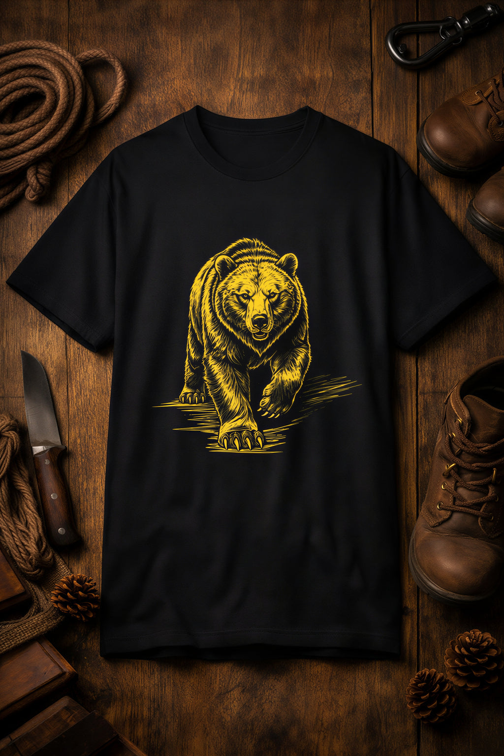 Bear Graphic T-Shirt — Vintage Gold Charging Bear Design
