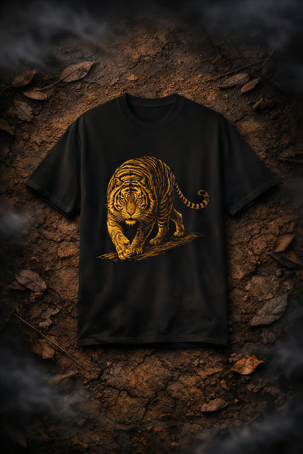 Tiger Stroll Graphic T-Shirt — Vintage Gold Charging Tiger Tee