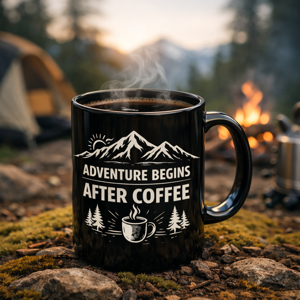 Adventure Begins After Coffee Mug — Mountain Camping Coffee Cup (11oz)