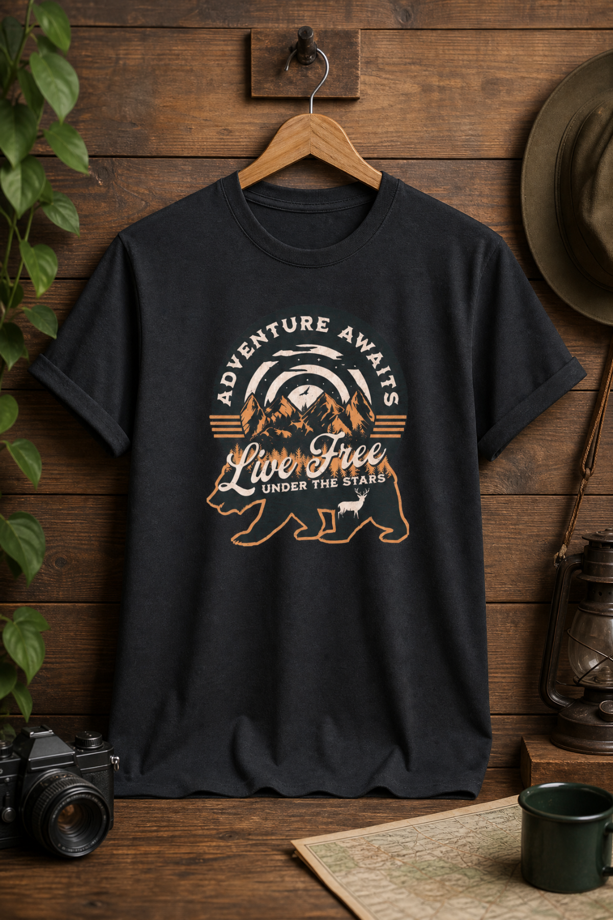 Adventure Awaits Bear T-Shirt — "Live Free Under the Stars" Outdoor Camping Tee