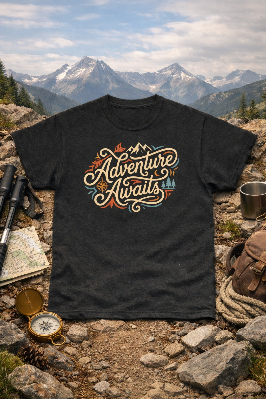Adventure Awaits T-Shirt — Retro Mountain Hiking Tee