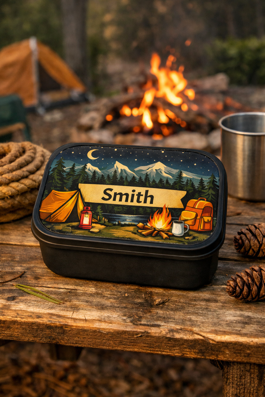 Personalized Camping Bento Box — Custom Name PLA Lunch Box with Mountain Night Design