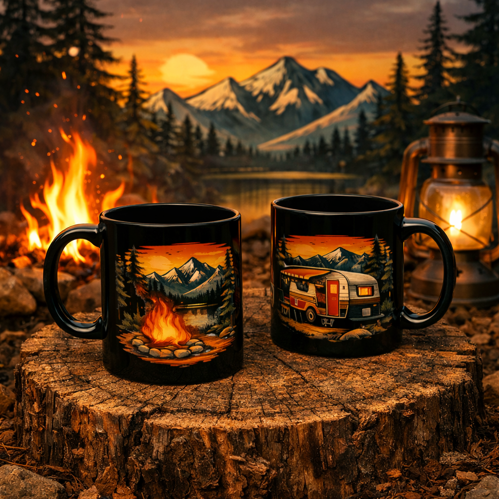 Camping Camper Van Black Mug — Retro Sunset Mountain Travel Coffee Cup (11oz/15oz)