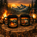 Camping Camper Van Black Mug — Retro Sunset Mountain Travel Coffee Cup (11oz/15oz)