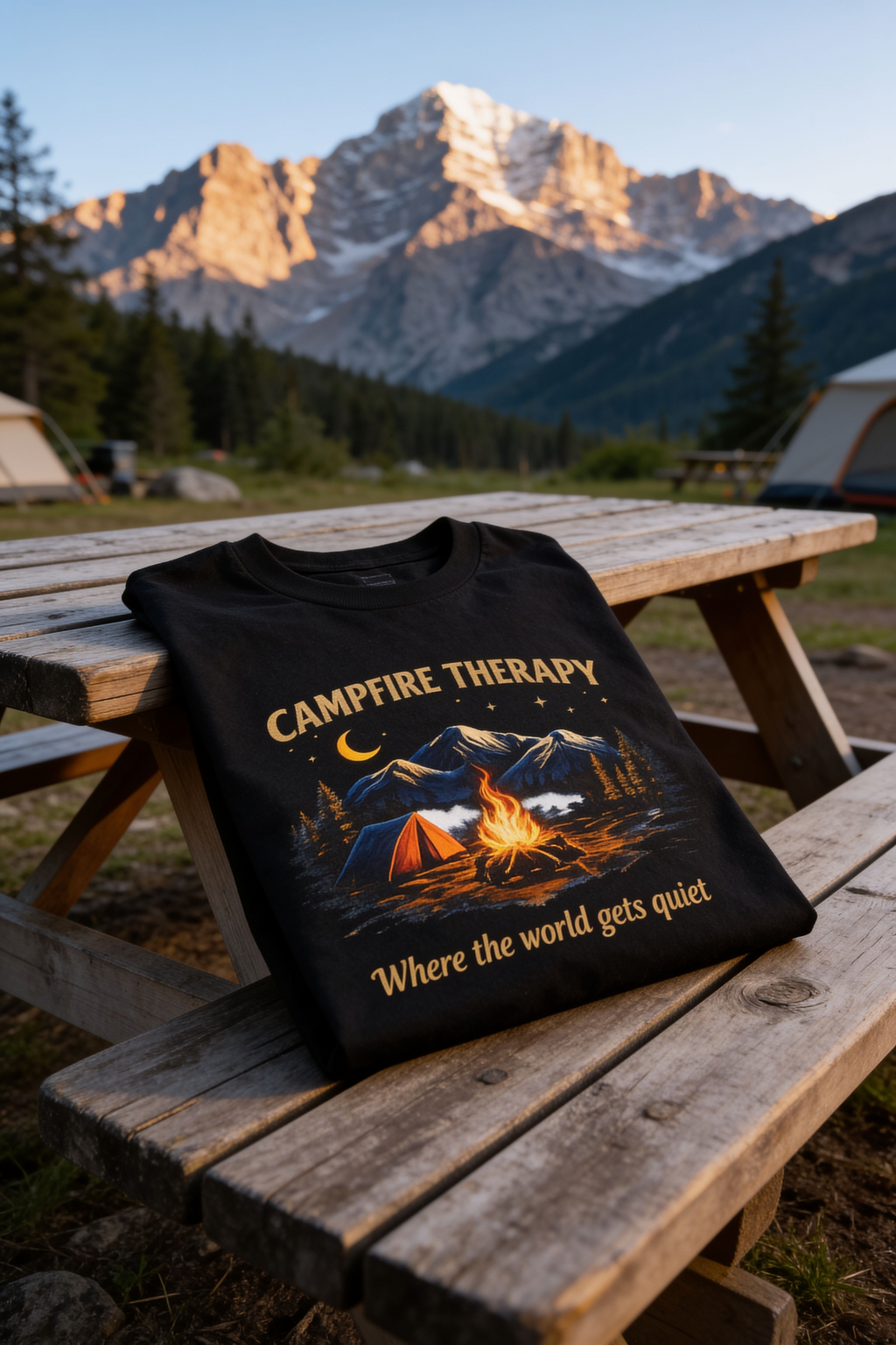 Campfire Therapy T-Shirt — "Where the World Gets Quiet" Camping Tee