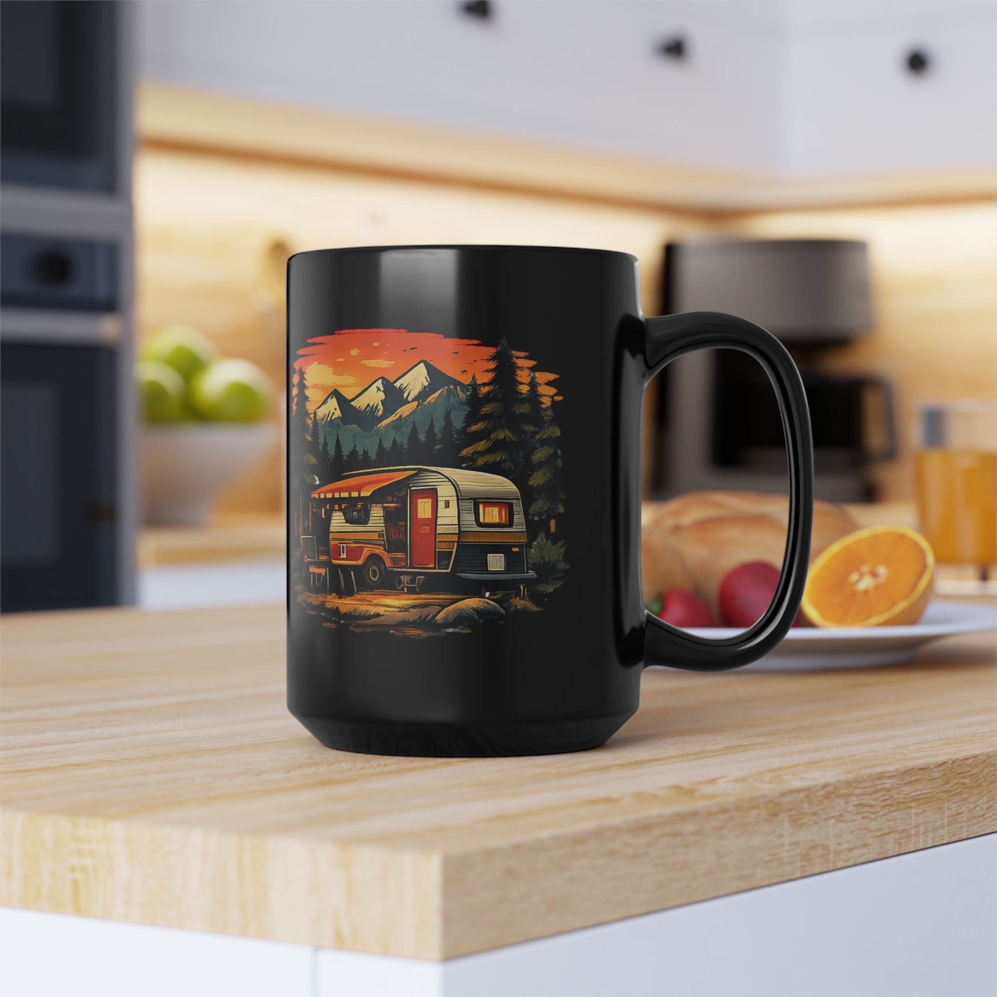 Camping Camper Van Black Mug — Retro Sunset Mountain Travel Coffee Cup (11oz/15oz)