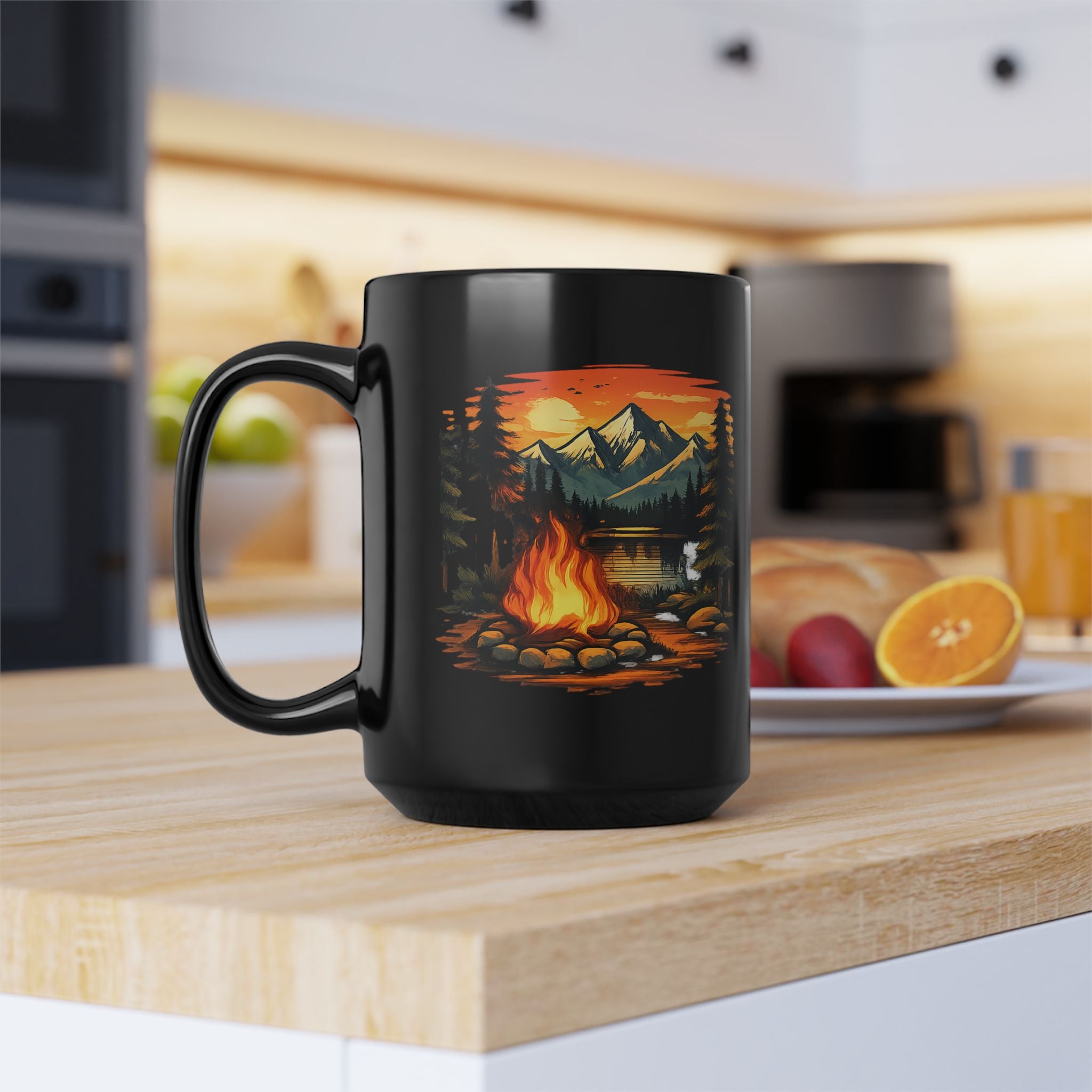 Camping Camper Van Black Mug — Retro Sunset Mountain Travel Coffee Cup (11oz/15oz)