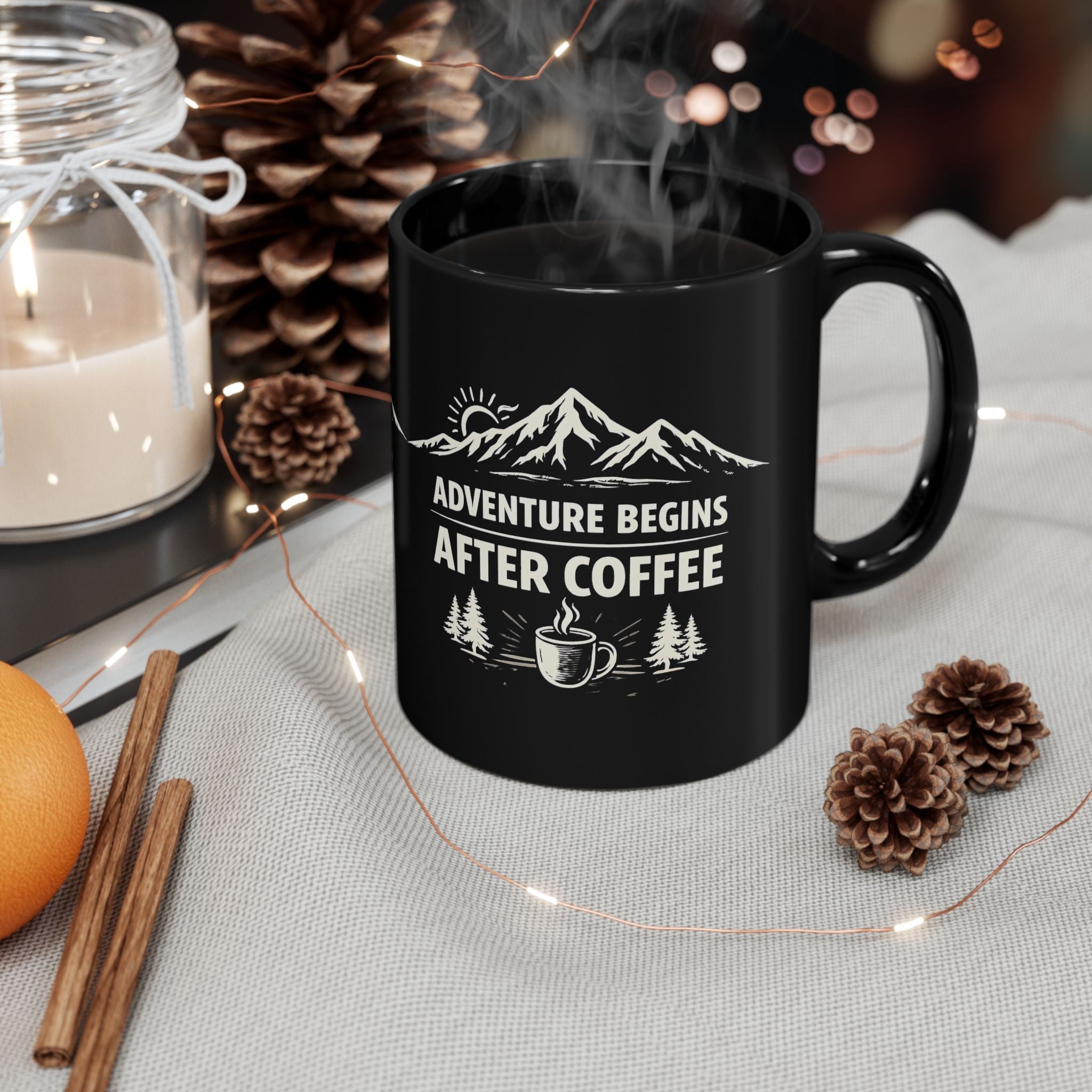 Adventure Begins After Coffee Mug — Mountain Camping Coffee Cup (11oz)
