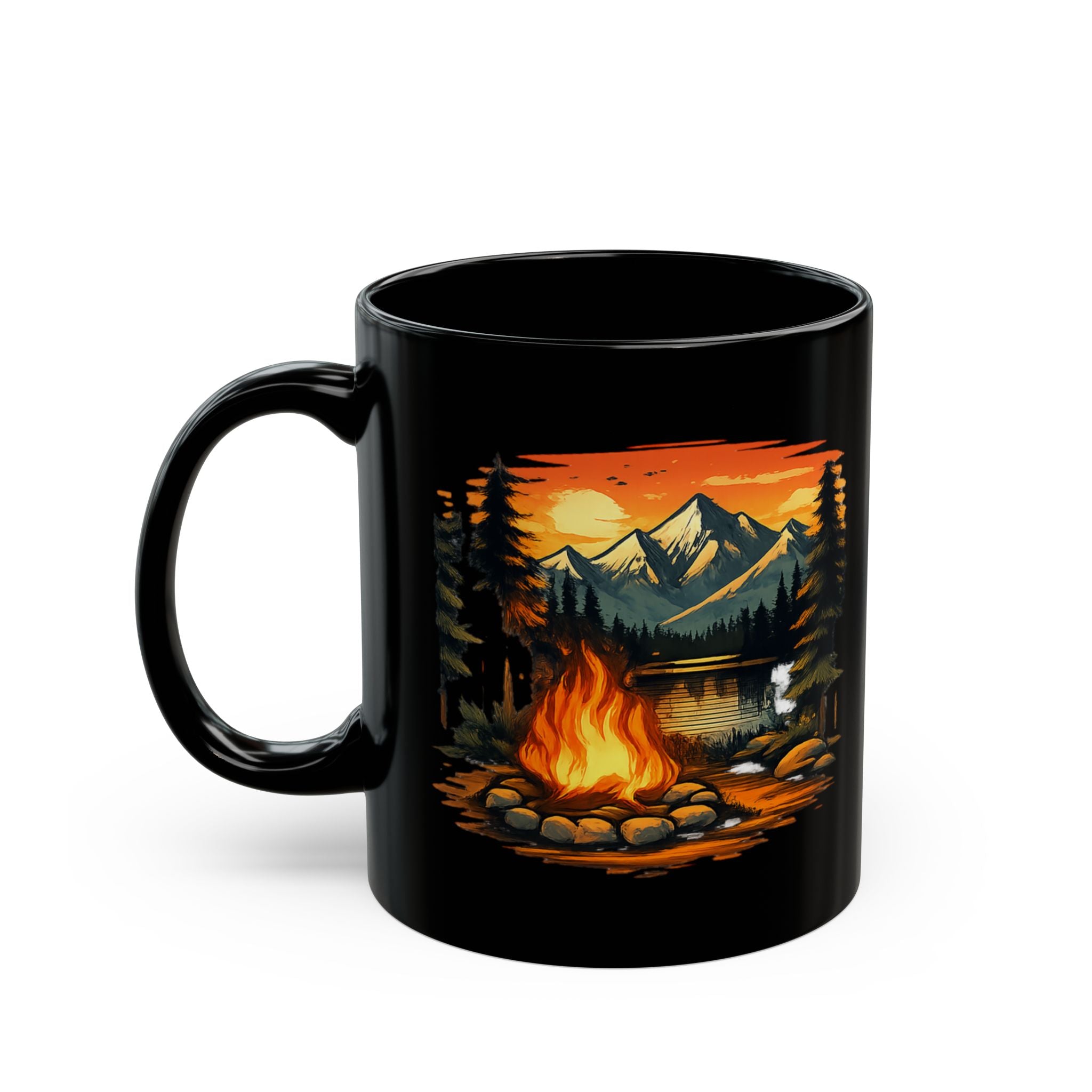 Camping Camper Van Black Mug — Retro Sunset Mountain Travel Coffee Cup (11oz/15oz)