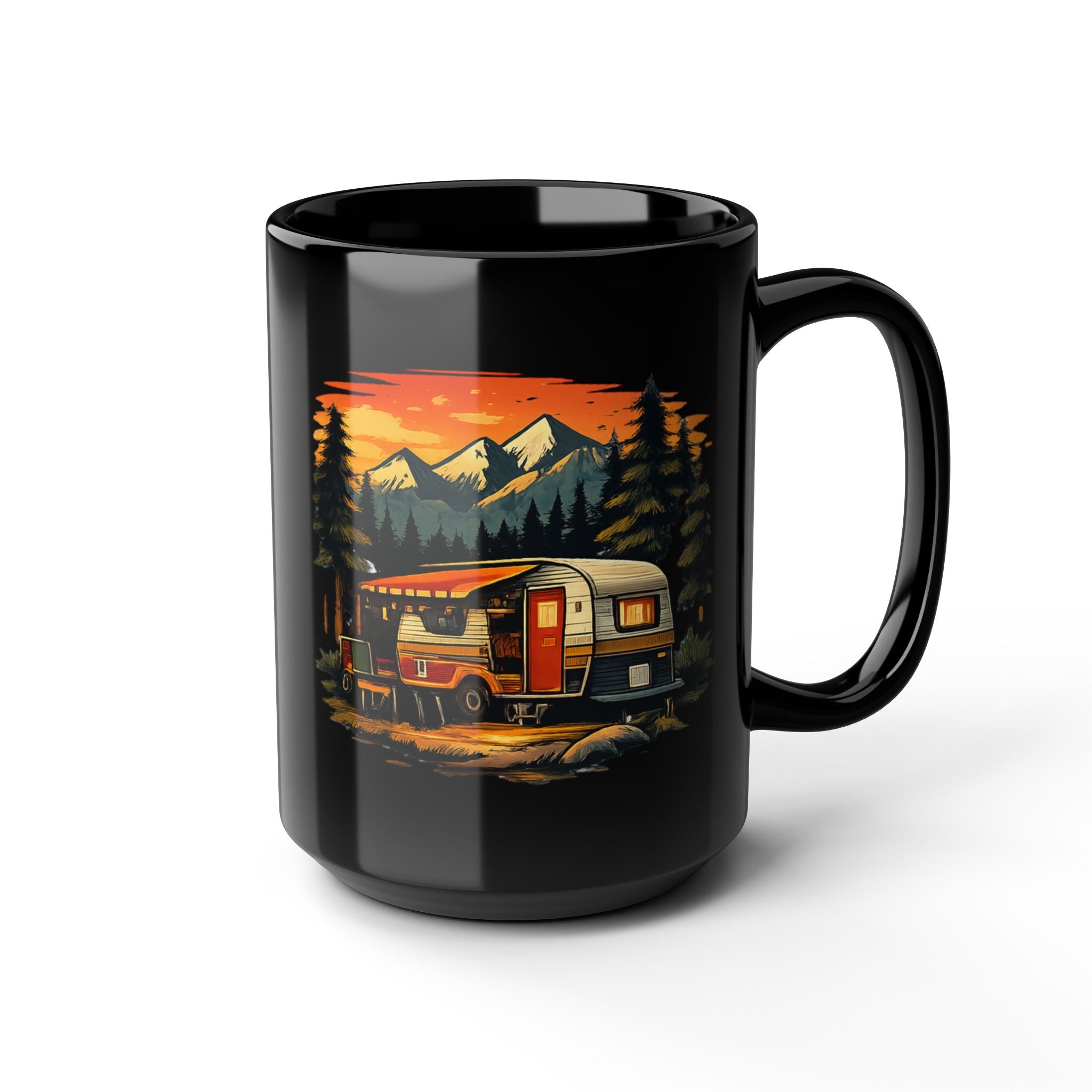Camping Camper Van Black Mug — Retro Sunset Mountain Travel Coffee Cup (11oz/15oz)