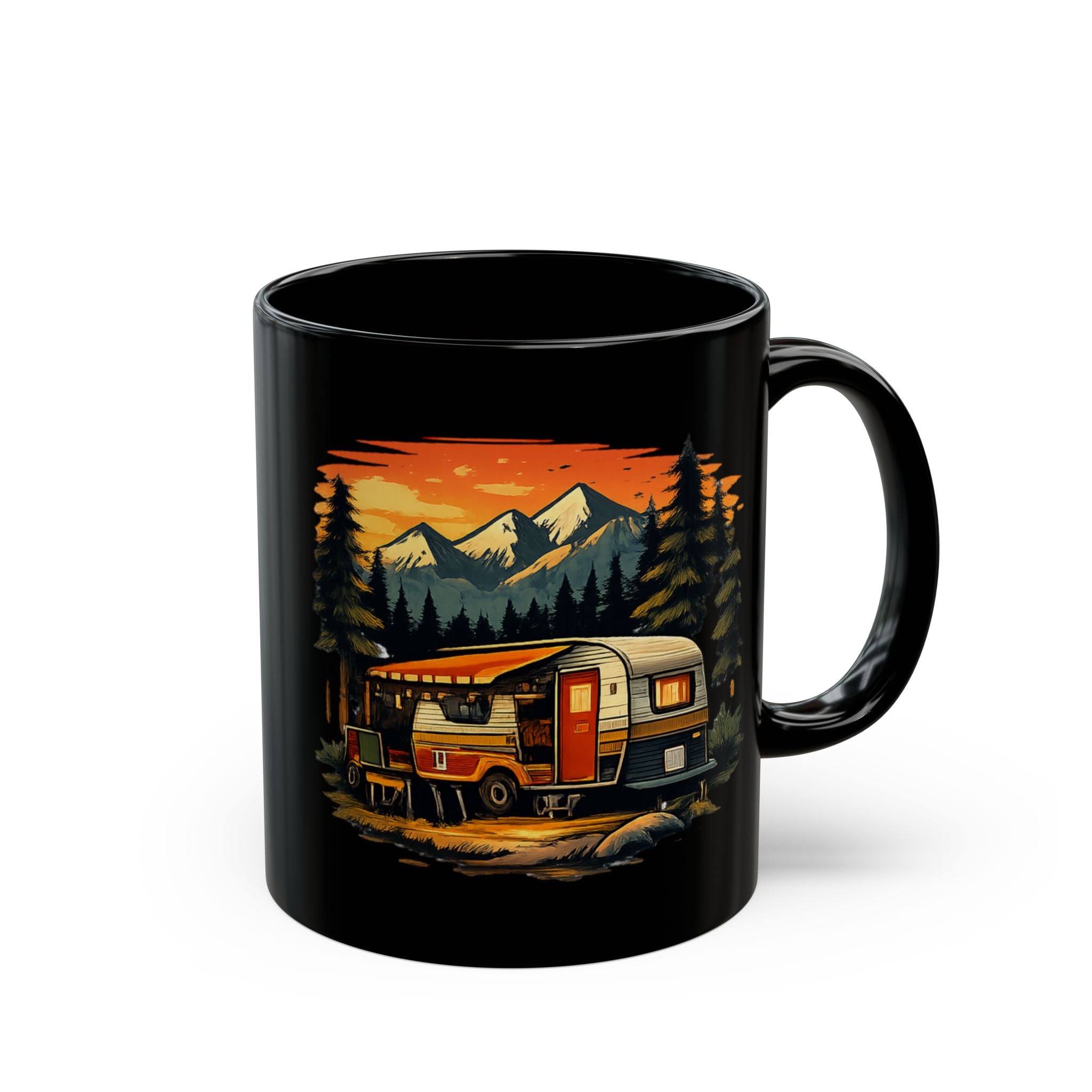 Camping Camper Van Black Mug — Retro Sunset Mountain Travel Coffee Cup (11oz/15oz)