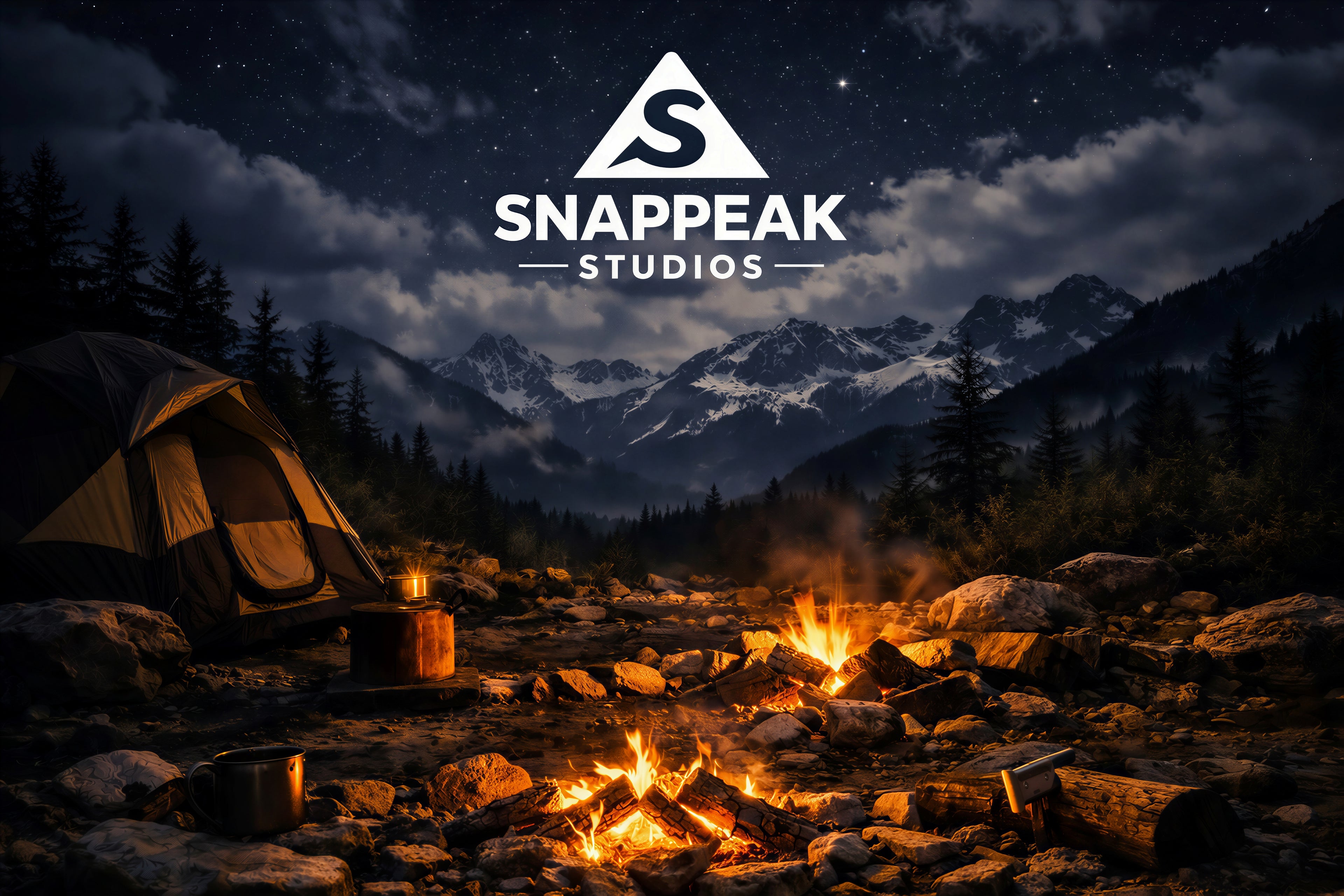 Camping scene with a tent, campfire, and mountains at night, featuring Snappeak Studios logo.